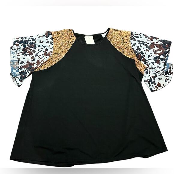 Southern Stitch Womens 3XL Flutter Sleeve Blouse w/Tooled Leather & Cow Trim NWT - Picture 1 of 8